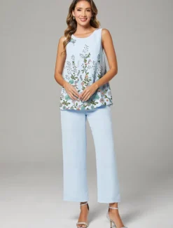 Floral Lace Pantsuit 3 Piece Mother of the Bride Wedding Embroidered Chiffon Long Sleeve Elegant Jewel Neck Floor Length Wrap