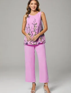 Floral Lace Pantsuit 3 Piece Mother of the Bride Wedding Embroidered Chiffon Long Sleeve Elegant Jewel Neck Floor Length Wrap