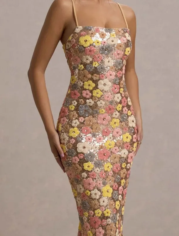 Floral Sequin Mermaid / Trumpet Prom Dresses Elegant Dress Semi Formal Wedding Guest Floor Length Sleeveless StraplessDress