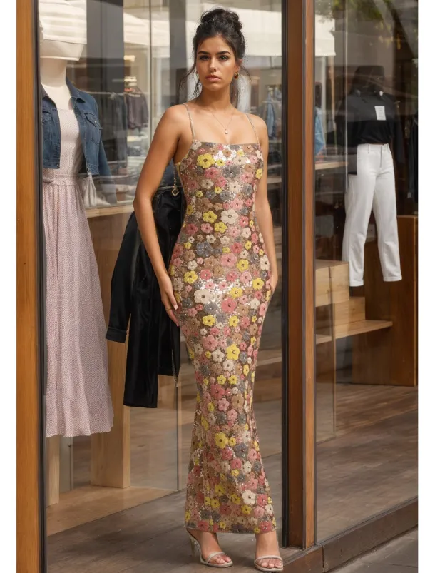 Floral Sequin Mermaid / Trumpet Prom Dresses Elegant Dress Semi Formal Wedding Guest Floor Length Sleeveless StraplessDress