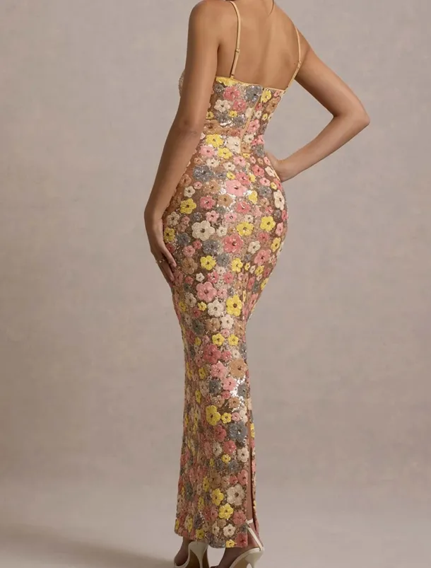 Floral Sequin Mermaid / Trumpet Prom Dresses Elegant Dress Semi Formal Wedding Guest Floor Length Sleeveless StraplessDress