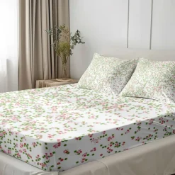 Floral Spring Fitted Sheet Set Ultra Soft Breathable 100% Cotton Silky Bed Sheets Deep Pocket Bedding Sheets 3 Piece Queen King Size