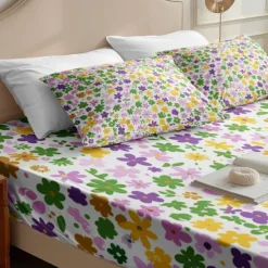 Floral Spring Fitted Sheet Set Ultra Soft Breathable 100% Cotton Silky Bed Sheets Deep Pocket Bedding Sheets 3 Piece Queen King Size