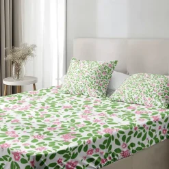 Floral Spring Fitted Sheet Set Ultra Soft Breathable 100% Cotton Silky Bed Sheets Deep Pocket Bedding Sheets 3 Piece Queen King Size