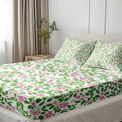 Floral Spring Fitted Sheet Set Ultra Soft Breathable 100% Cotton Silky Bed Sheets Deep Pocket Bedding Sheets 3 Piece Queen King Size