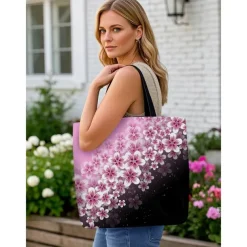 Floral Tote Bag for Women – Stylish Large Capacity Handbag with Black and Pink Flower Design, Perfect for Shopping, Travel, and Daily Use