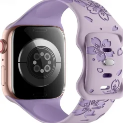 Flower Engraved Compatible with Apple Watch band 38mm 40mm 41mm 42mm 44mm 45mm 49mm Rugged Butterfly Buckle Silicone Strap Replacement Wristband for iwatch Ultra 2 Series 9 8 7 SE 6 5 4 3 2 1