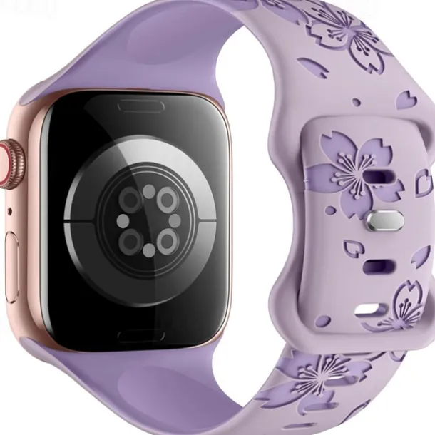 Flower Engraved Compatible with Apple Watch band 38mm 40mm 41mm 42mm 44mm 45mm 49mm Rugged Butterfly Buckle Silicone Strap Replacement Wristband for iwatch Ultra 2 Series 9 8 7 SE 6 5 4 3 2 1