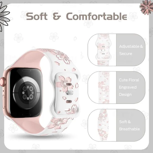 Flower Engraved Compatible with Apple Watch band 38mm 40mm 41mm 42mm 44mm 45mm 49mm Rugged Butterfly Buckle Silicone Strap Replacement Wristband for iwatch Ultra 2 Series 9 8 7 SE 6 5 4 3 2 1