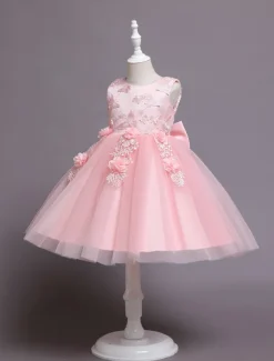 Flower Girl Dress Girls' Dress Party Dress Wedding Party Daily Cute Princess Embroidered Bow Butterfly Sleeveless Crew Neck White Pink 3-10 Years