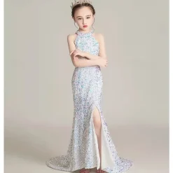 Flower Girl Dress Girls' Dress Evening Gown Party Dress Wedding Party Special Occasion Cute Princess Sequins Lace Plain Sleeveless Off Shoulder Black White