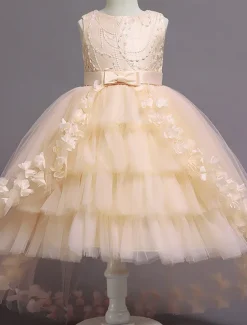 Flower Girl Dress Girls' Dress Party Dress Wedding Party Special Occasion Princess Sweet Mesh Embroidered Solid Colored Sleeveless Crew Neck White Pink 4 years+