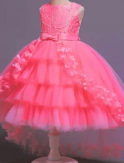 Flower Girl Dress Girls' Dress Party Dress Wedding Party Special Occasion Princess Sweet Mesh Embroidered Solid Colored Sleeveless Crew Neck White Pink 4 years+