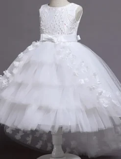 Flower Girl Dress Girls' Dress Party Dress Wedding Party Special Occasion Princess Sweet Mesh Embroidered Solid Colored Sleeveless Crew Neck White Pink 4 years+