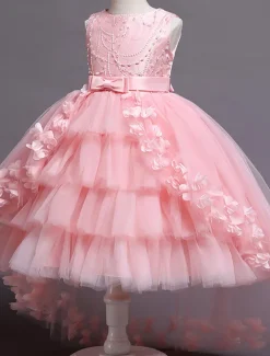 Flower Girl Dress Girls' Dress Party Dress Wedding Party Special Occasion Princess Sweet Mesh Embroidered Solid Colored Sleeveless Crew Neck White Pink 4 years+