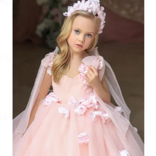 Flower Girl Dress Girls' First Communion Dress Party Dress Performance Wedding Party Princess Sweet Mesh Solid Color Sleeveless Off Shoulder White Pink kids