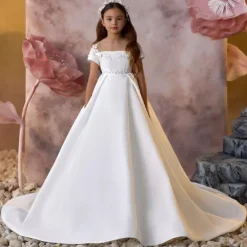 Flower Girl Dress Girls' First Communion Dress Party Dress Performance Wedding Party Princess Sweet Mesh Solid Color Sleeveless Off Shoulder Ivory kids