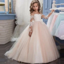 Flower Girl Dress Girls' Princess Dress First Communion Dress Party Dress Performance Wedding Party Princess Sweet Mesh Solid Color Long Sleeve Crew Neck White Ivory 2-12 Years