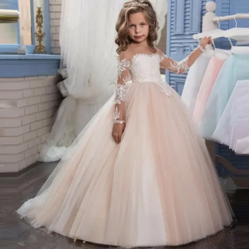 Flower Girl Dress Girls' Princess Dress First Communion Dress Party Dress Performance Wedding Party Princess Sweet Mesh Solid Color Long Sleeve Crew Neck White Ivory 2-12 Years