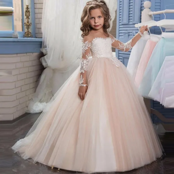 Flower Girl Dress Girls' Princess Dress First Communion Dress Party Dress Performance Wedding Party Princess Sweet Mesh Solid Color Long Sleeve Crew Neck White Ivory 2-12 Years