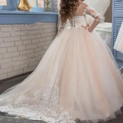 Flower Girl Dress Girls' Princess Dress First Communion Dress Party Dress Performance Wedding Party Princess Sweet Mesh Solid Color Long Sleeve Crew Neck White Ivory 2-12 Years