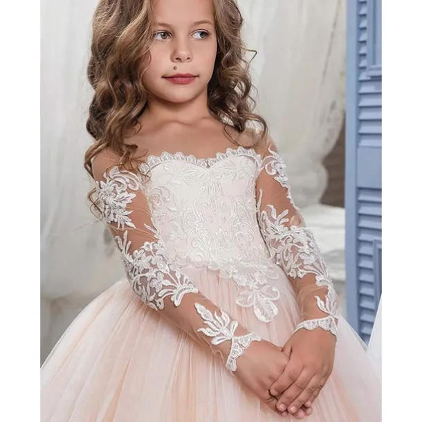 Flower Girl Dress Girls' Princess Dress First Communion Dress Party Dress Performance Wedding Party Princess Sweet Mesh Solid Color Long Sleeve Crew Neck White Ivory 2-12 Years