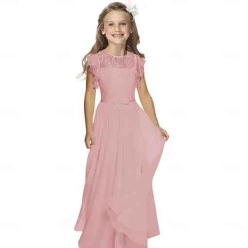 Flower Girl Dress Girls' Party Dress Performance Wedding Party Fashion Princess Solid Color Short Sleeve Crew Neck Black White