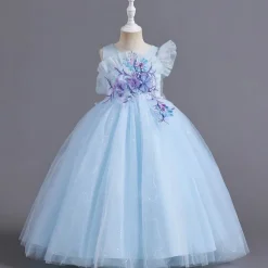 Flower Girl Dress Kid's Girls' Princess Dress Performance Wedding Party Elegant Beautiful Mesh Solid Color Sleeveless Crew Neck Pink Blue 4 years+