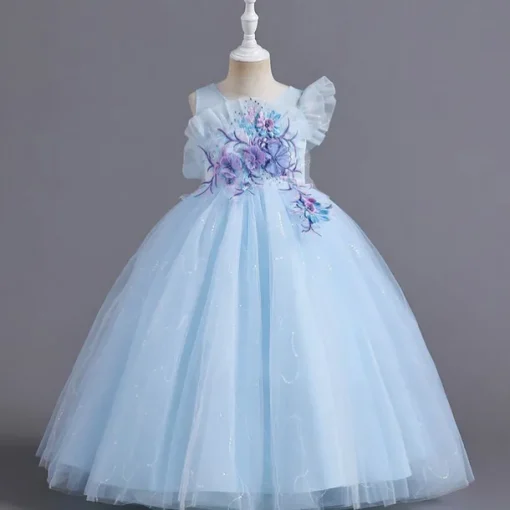 Flower Girl Dress Kid's Girls' Princess Dress Performance Wedding Party Elegant Beautiful Mesh Solid Color Sleeveless Crew Neck Pink Blue 4 years+