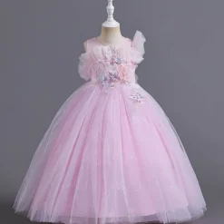 Flower Girl Dress Kid's Girls' Princess Dress Performance Wedding Party Elegant Beautiful Mesh Solid Color Sleeveless Crew Neck Pink Blue 4 years+
