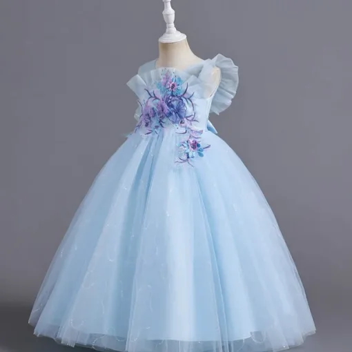 Flower Girl Dress Kid's Girls' Princess Dress Performance Wedding Party Elegant Beautiful Mesh Solid Color Sleeveless Crew Neck Pink Blue 4 years+
