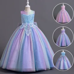 Flower Girl Dress Kid's Girls' Princess Dress Performance Wedding Party Elegant Beautiful Sequins Mesh Rainbow Sleeveless Crew Neck Pink Blue 4 years+