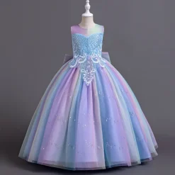 Flower Girl Dress Kid's Girls' Princess Dress Performance Wedding Party Elegant Beautiful Sequins Mesh Rainbow Sleeveless Crew Neck Pink Blue 4 years+