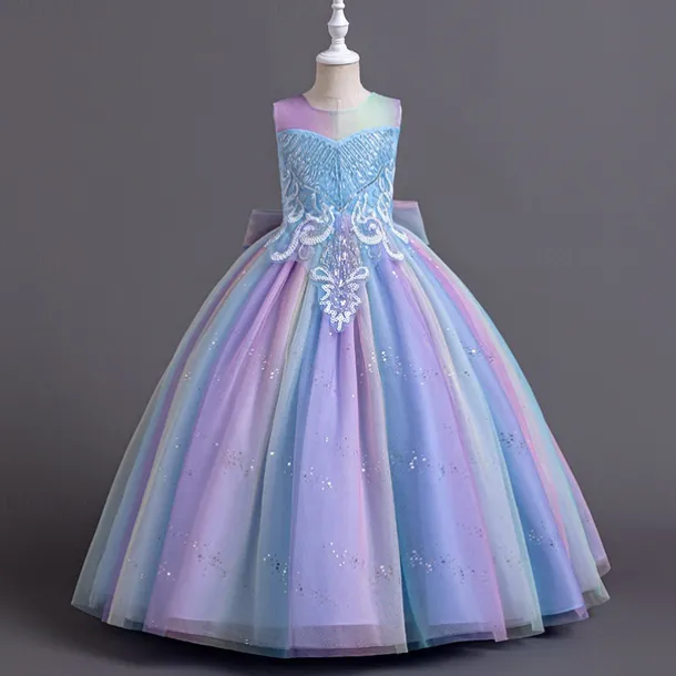 Flower Girl Dress Kid's Girls' Princess Dress Performance Wedding Party Elegant Beautiful Sequins Mesh Rainbow Sleeveless Crew Neck Pink Blue 4 years+