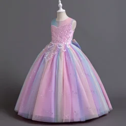 Flower Girl Dress Kid's Girls' Princess Dress Performance Wedding Party Elegant Beautiful Sequins Mesh Rainbow Sleeveless Crew Neck Pink Blue 4 years+