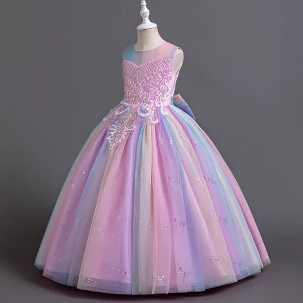 Flower Girl Dress Kid's Girls' Princess Dress Performance Wedding Party Elegant Beautiful Sequins Mesh Rainbow Sleeveless Crew Neck Pink Blue 4 years+