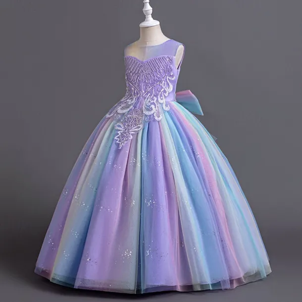 Flower Girl Dress Kid's Girls' Princess Dress Performance Wedding Party Elegant Beautiful Sequins Mesh Rainbow Sleeveless Crew Neck Pink Blue 4 years+