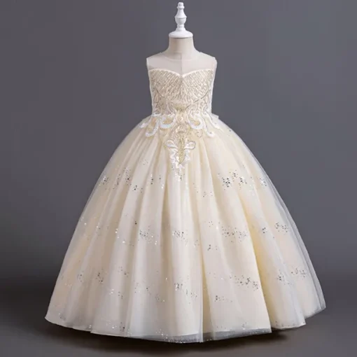 Flower Girl Dress Kid's Girls' Princess Dress Performance Wedding Party Elegant Beautiful Sequins Mesh Solid Color Sleeveless Crew Neck White Champagne 4 years+