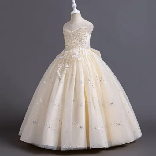 Flower Girl Dress Kid's Girls' Princess Dress Performance Wedding Party Elegant Beautiful Sequins Mesh Solid Color Sleeveless Crew Neck White Champagne 4 years+