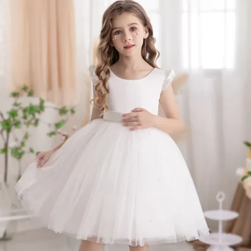 Flower Girl Dress Kid's Girls' Princess Dress Performance Wedding Party Elegant Beautiful Mesh Solid Color Sleeveless Crew Neck Light Pink Grey 4 years+