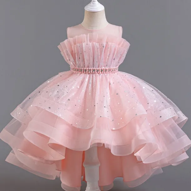 Flower Girl Dress Kid's Girls' Princess Dress Performance Wedding Party Elegant Beautiful Sequins Mesh Solid Color Sleeveless Crew Neck Light Pink White 4 years+