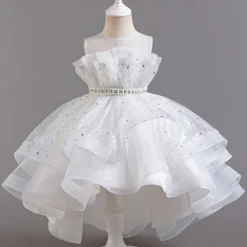 Flower Girl Dress Kid's Girls' Princess Dress Performance Wedding Party Elegant Beautiful Sequins Mesh Solid Color Sleeveless Crew Neck Light Pink White 4 years+