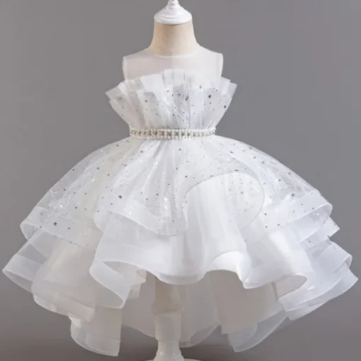Flower Girl Dress Kid's Girls' Princess Dress Performance Wedding Party Elegant Beautiful Sequins Mesh Solid Color Sleeveless Crew Neck Light Pink White 4 years+