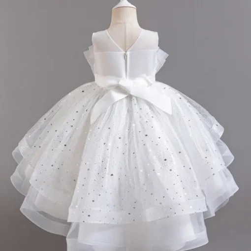 Flower Girl Dress Kid's Girls' Princess Dress Performance Wedding Party Elegant Beautiful Sequins Mesh Solid Color Sleeveless Crew Neck Light Pink White 4 years+
