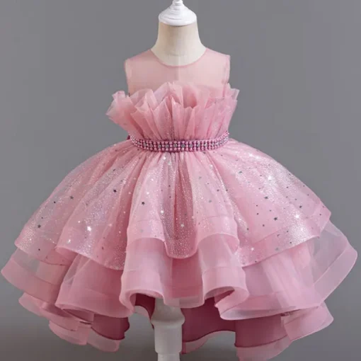 Flower Girl Dress Kid's Girls' Princess Dress Performance Wedding Party Elegant Beautiful Sequins Mesh Solid Color Sleeveless Crew Neck Light Pink White 4 years+