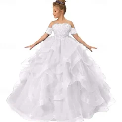 Flower Girl Dress Kid's Girls' Princess Dress Performance Wedding Party Elegant Beautiful Mesh Solid Color Sleeveless Off Shoulder Light Pink Wine Red 4 years+