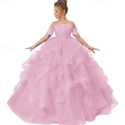 Flower Girl Dress Kid's Girls' Princess Dress Performance Wedding Party Elegant Beautiful Mesh Solid Color Sleeveless Off Shoulder Light Pink Wine Red 4 years+