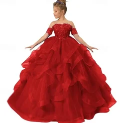 Flower Girl Dress Kid's Girls' Princess Dress Performance Wedding Party Elegant Beautiful Mesh Solid Color Sleeveless Off Shoulder Light Pink Wine Red 4 years+