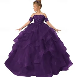 Flower Girl Dress Kid's Girls' Princess Dress Performance Wedding Party Elegant Beautiful Mesh Solid Color Sleeveless Off Shoulder Light Pink Wine Red 4 years+