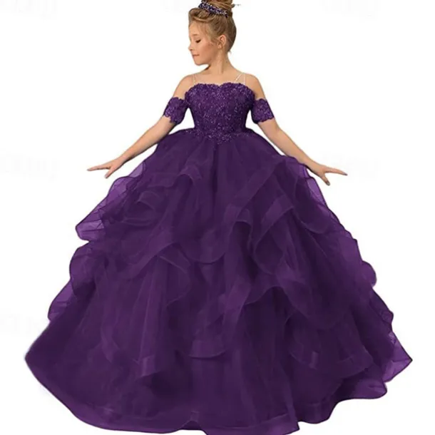 Flower Girl Dress Kid's Girls' Princess Dress Performance Wedding Party Elegant Beautiful Mesh Solid Color Sleeveless Off Shoulder Light Pink Wine Red 4 years+